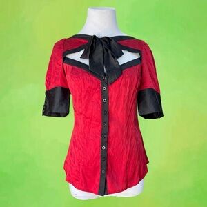 Y2K Bebe Red and black Victorian blouse with bow detail